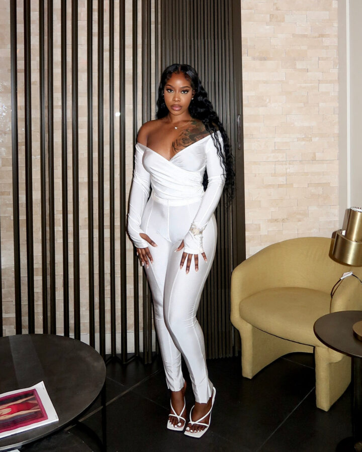 Monica Long Sleeve Plunge Detail Top and Leggings Co-ord Set in White - Image 2